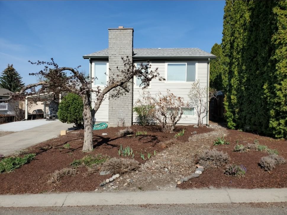 After: tidy drought-tolerant front yard with fresh mulch and organised plantings